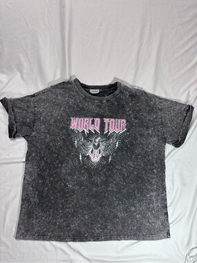 Refined Canvas Black Mineral-Wash 'World Tour' Graphic Tee with Pink Accents